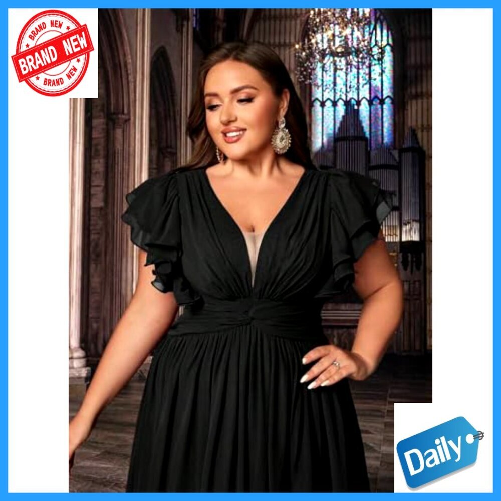 Chiffon Maxi Dress Elegant Formal Evening Party Gown V Neck Ruffle Sleeve - Picture 5 of 7